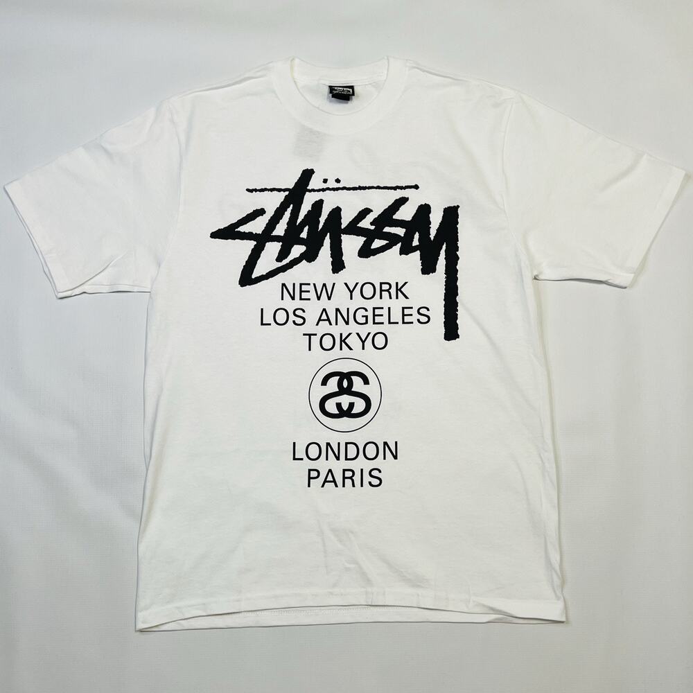 New Stussy World Tour Tee Shirt White Mens Size Medium Double Sided Logo 2025